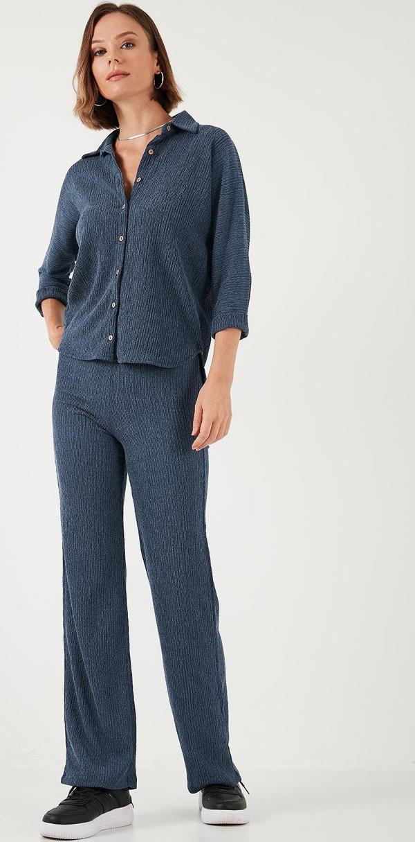 Lela Slim Fit Yüksek Bel Geniş Paça Dokulu Bayan Pantolon 5865944 İNDİGO - Image 1