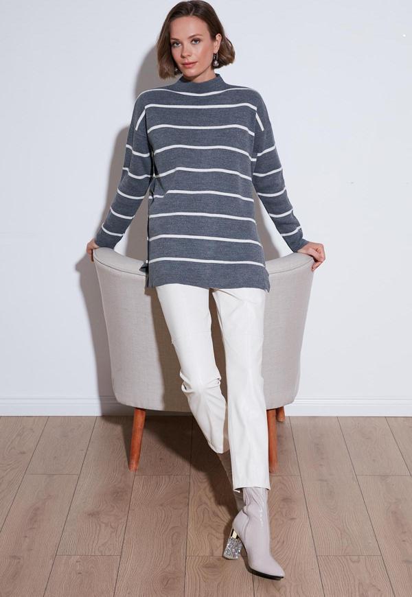 Lela Çizgili Dik Yaka Onesize Triko Bayan Kazak 4615197Y Koyu Gri-Krem - Image 1