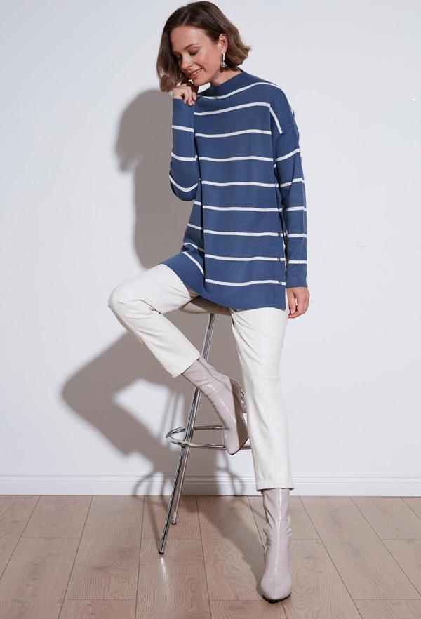Lela Çizgili Dik Yaka Onesize Triko Bayan Kazak 4615197Y İndigo-Krem - Image 1