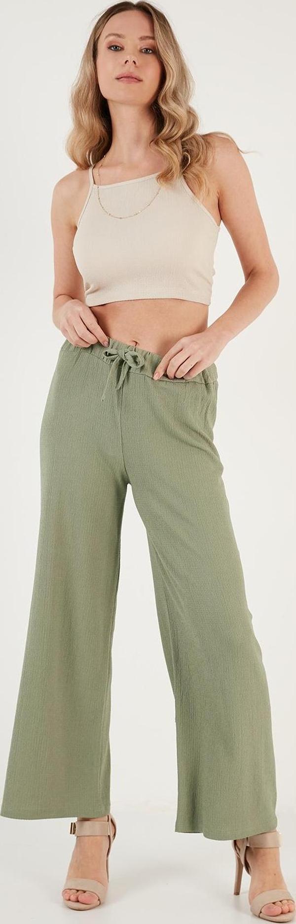 Lela Belden Bağlamalı Rahat Kesim Krinkıl Kuımaş Bayan Pantolon 5862061 Olive - Image 1