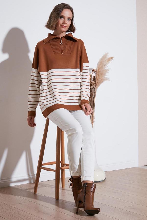 Lela Akrilik Yarım Fermuarlı Yaka Triko Bayan Kazak 4615221 TOPRAK - Image 1