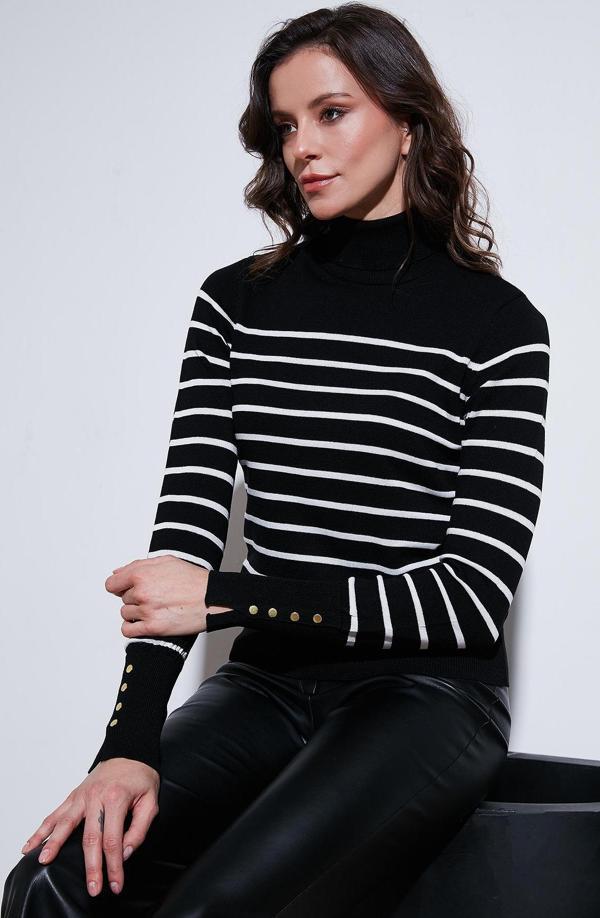 Lela Çizgili Regular Fit Balıkçı Yaka Bayan Kazak 4615565 SİYAH - Image 1