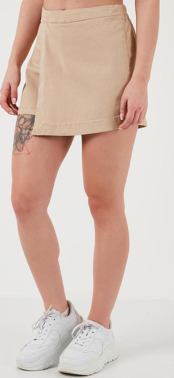 Lela Pamuklu Fermuarlı Asimetrik Mini Bayan Şort Etek 668YP4411 CAMEL - Image 1