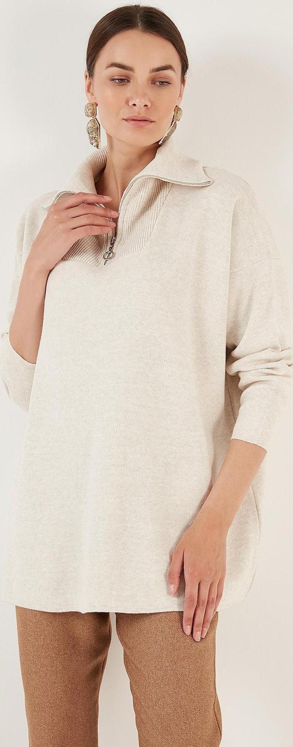 Lela Yarım Fermuarlı Oversize Triko Bayan Kazak 4616079 KREM - Image 1