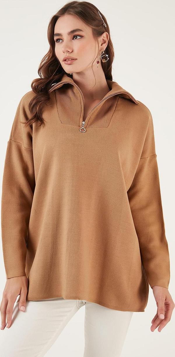 Lela Yarım Fermuarlı Oversize Triko Bayan Kazak 4616079 CAMEL - Image 1
