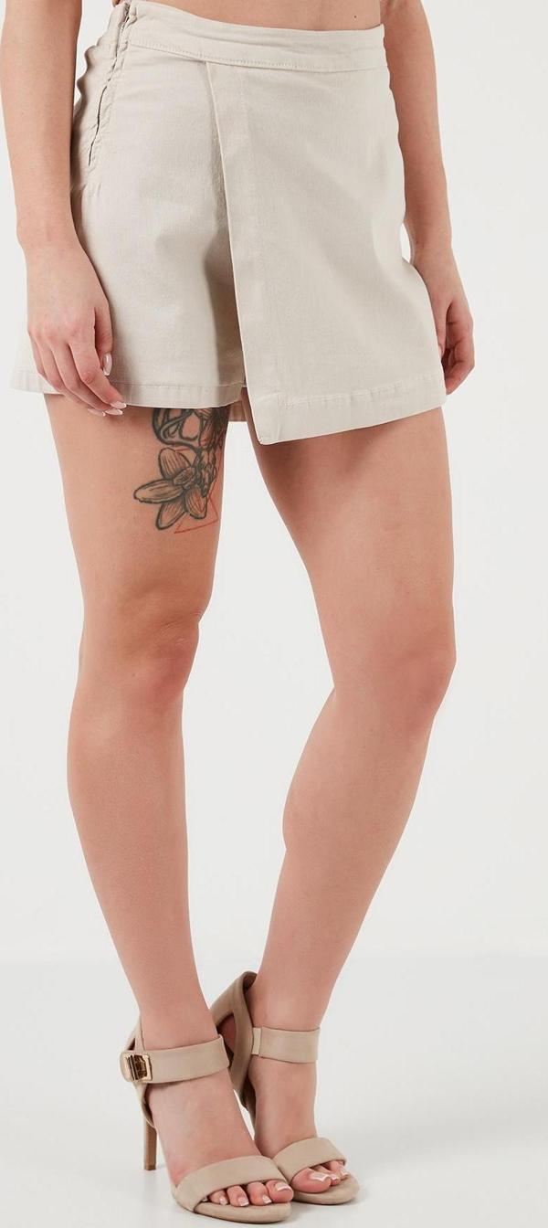 Lela Pamuklu Fermuarlı Asimetrik Mini Bayan Şort Etek 668YP4411 TAŞ - Image 1