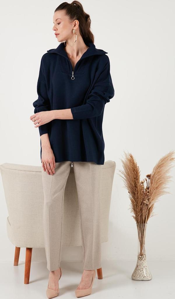 Lela Yarım Fermuarlı Onesize Triko Bayan Kazak 4616079Y LACİVERT - Image 1