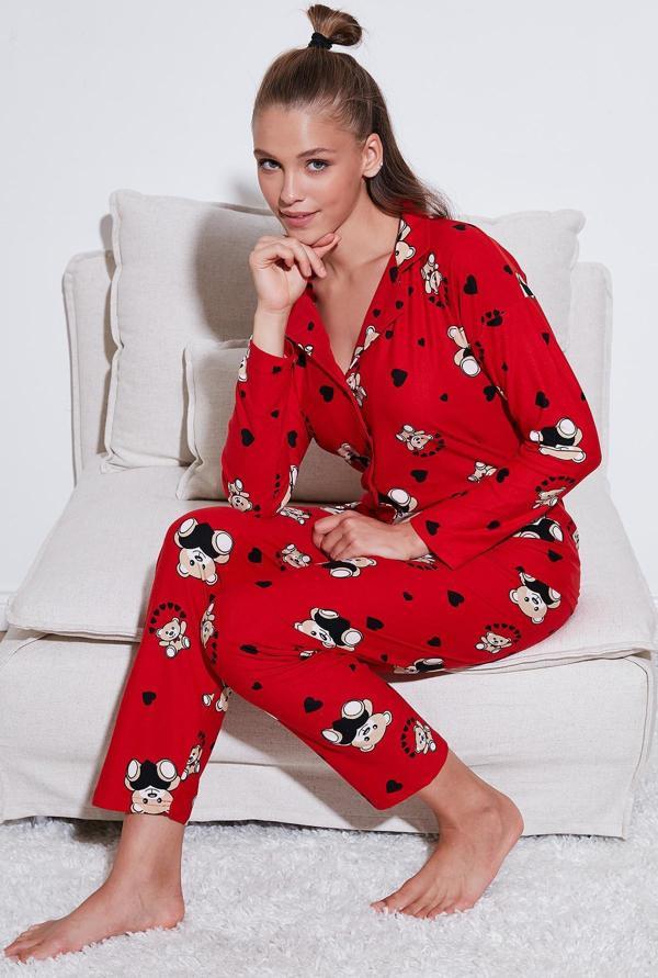 Lela Streç Standart Fit Desenli Bayan Pijama Takımı 60956602 KIRMIZI - Image 1