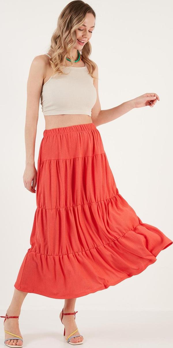 Lela Beli Lastikli Katlı Uzun Bayan Etek 5865568 NAR ÇİÇEĞİ - Image 1