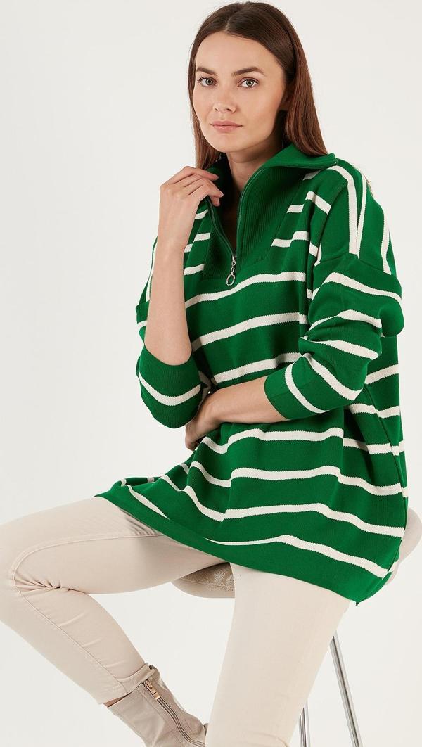 Lela Çizgili Yarım Fermuarlı Oversize Triko Bayan Kazak 4616080 Benetton-Açık Taş - Image 1