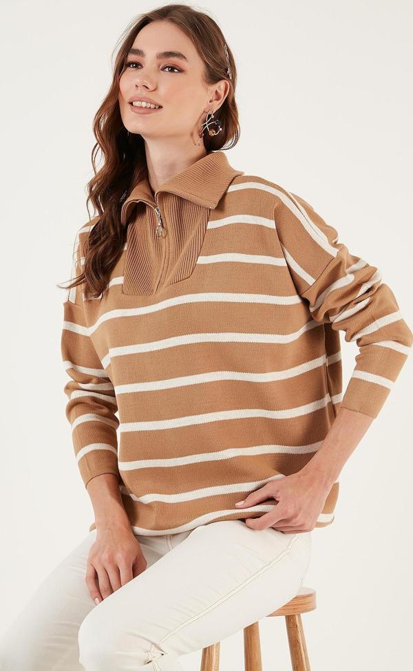 Lela Çizgili Yarım Fermuarlı Oversize Triko Bayan Kazak 4616080 Camel-Açık Taş - Image 1