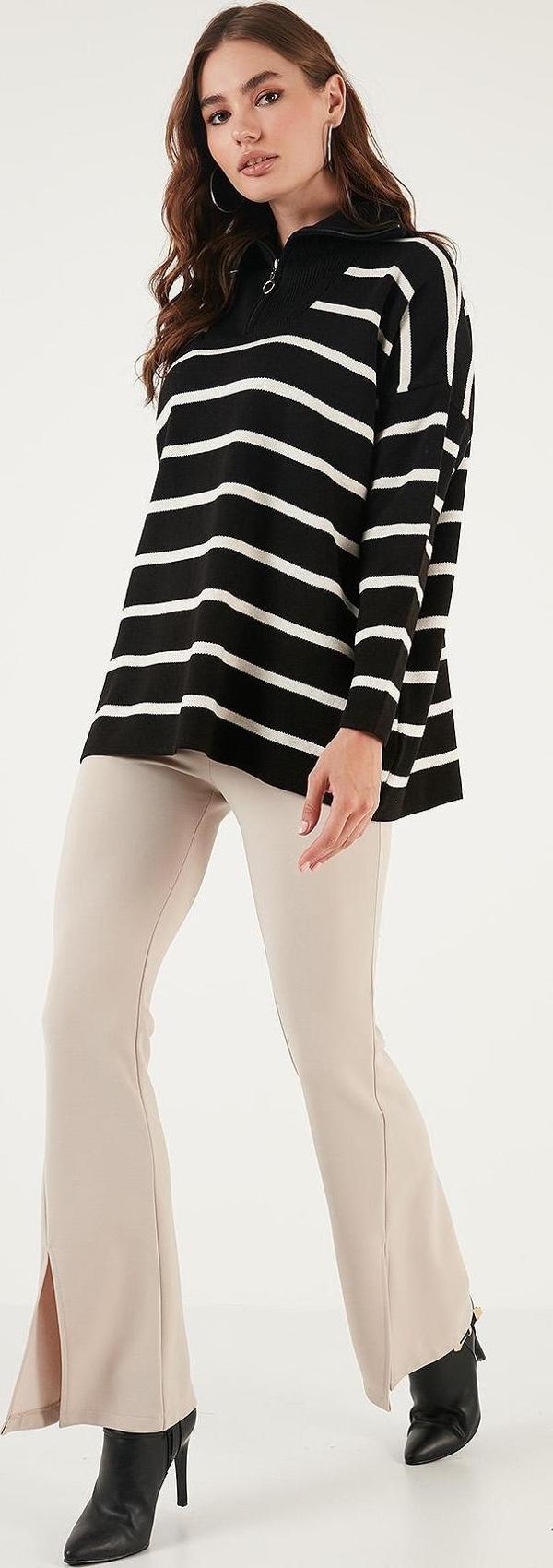 Lela Çizgili Yarım Fermuarlı Oversize Triko Bayan Kazak 4616080 Siyah-Açık Taş - Image 1