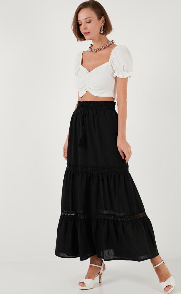 Lela Güpürlü Beli Lastikli Uzun Bayan Etek 611ET0106 SİYAH - Image 1