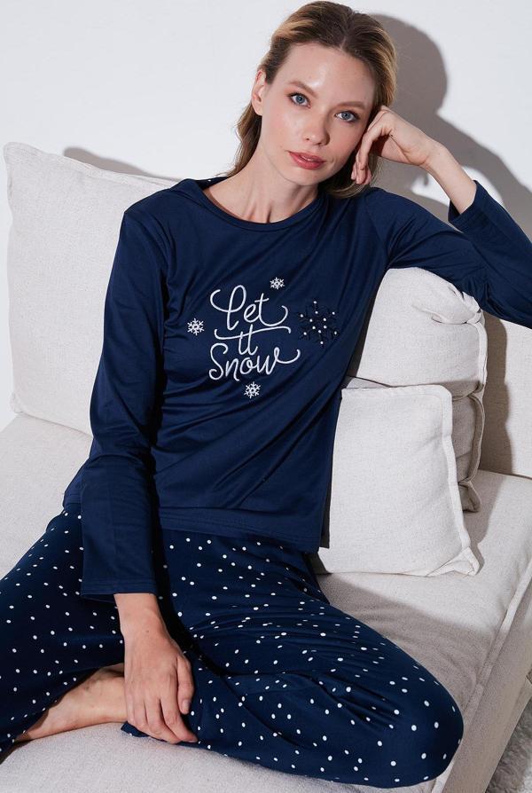 Lela Regular Fit Desenli Bisiklet Yaka Bayan Pijama Takımı 65719102 LACİVERT - Image 1