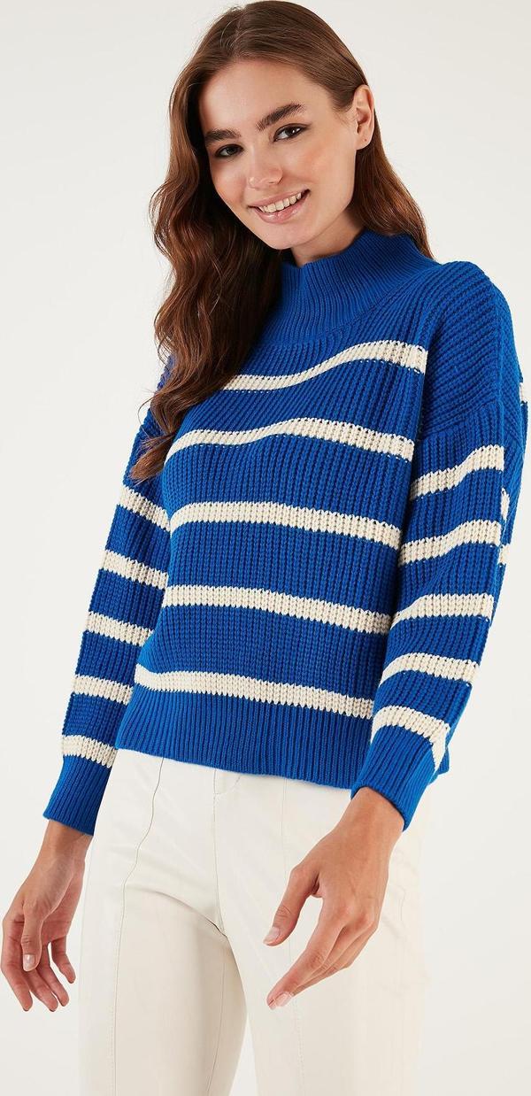 Lela Çizgili Dik Yaka Kışlık Bayan Kazak 4616118 Saks-Krem - Image 1