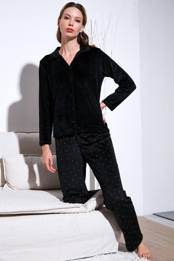 Lela Regular Fit Desenli Parlak Kadife Bayan Pijama Takımı 65713311 SİYAH - Image 1