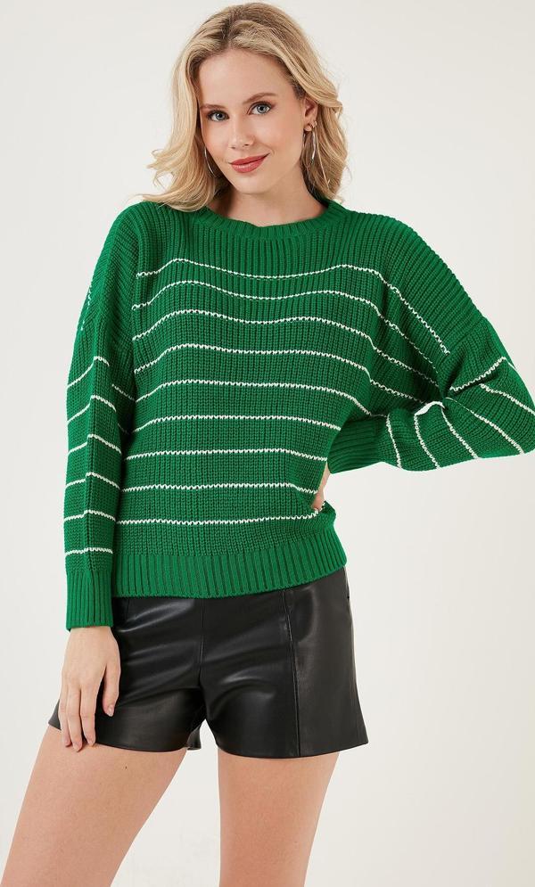 Lela Çizgili Arkası Uzun Bisiklet Yaka Örme Bayan Kazak 4616133 Benetton-Krem - Image 1