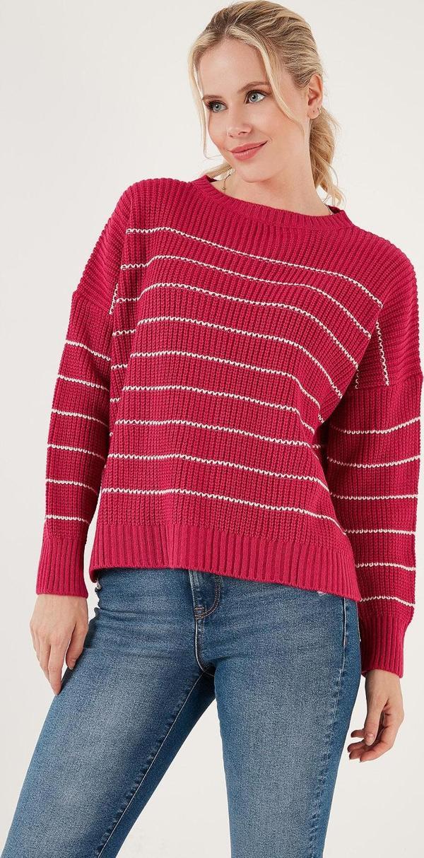 Lela Çizgili Arkası Uzun Bisiklet Yaka Örme Bayan Kazak 4616133 Fuşya-Krem - Image 1