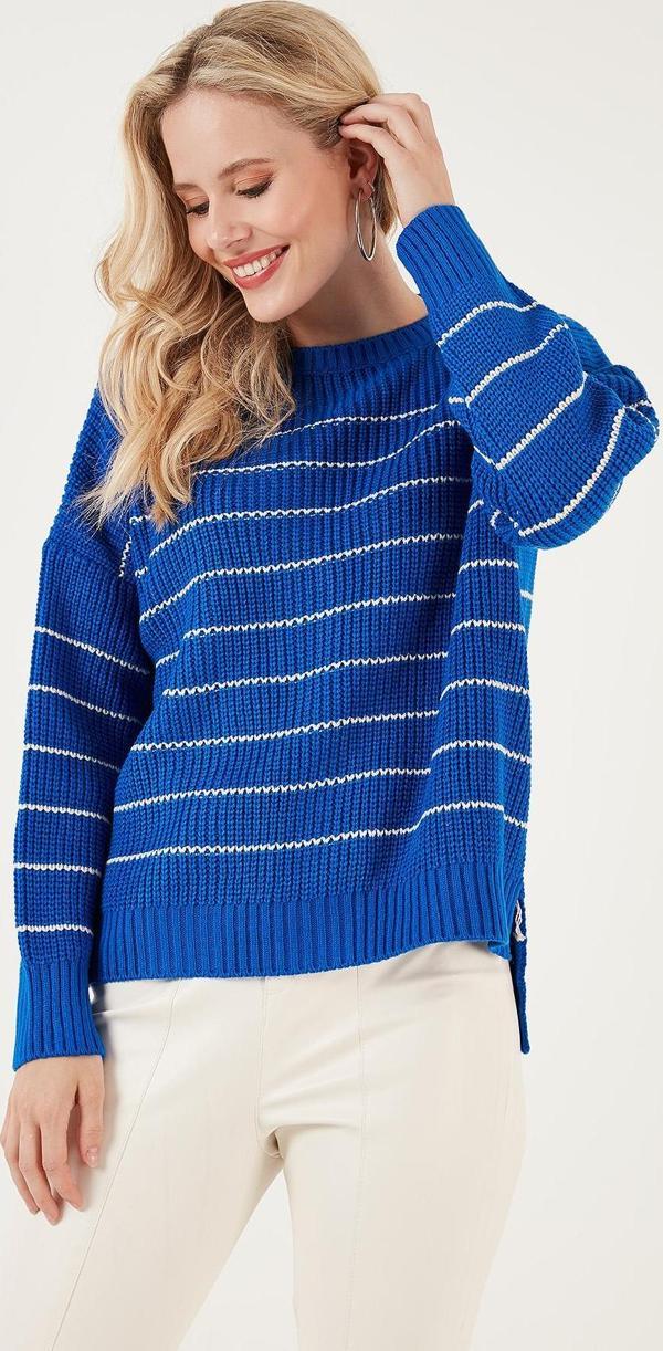 Lela Çizgili Arkası Uzun Bisiklet Yaka Örme Bayan Kazak 4616133 Saks-Krem - Image 1