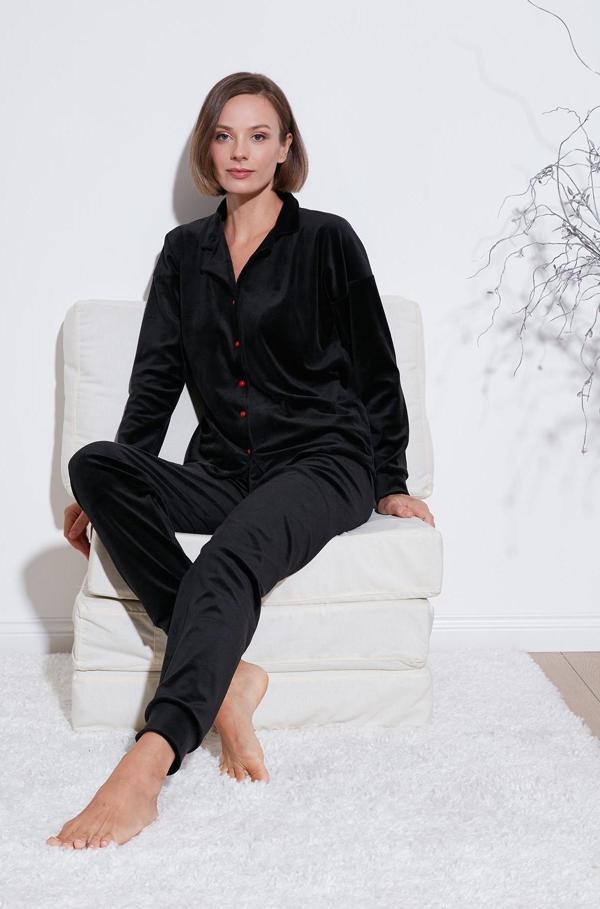 Lela Regular Fit Parlak Kadife Ribanalı Bayan Pijama Takımı 6097110 SİYAH - Image 1
