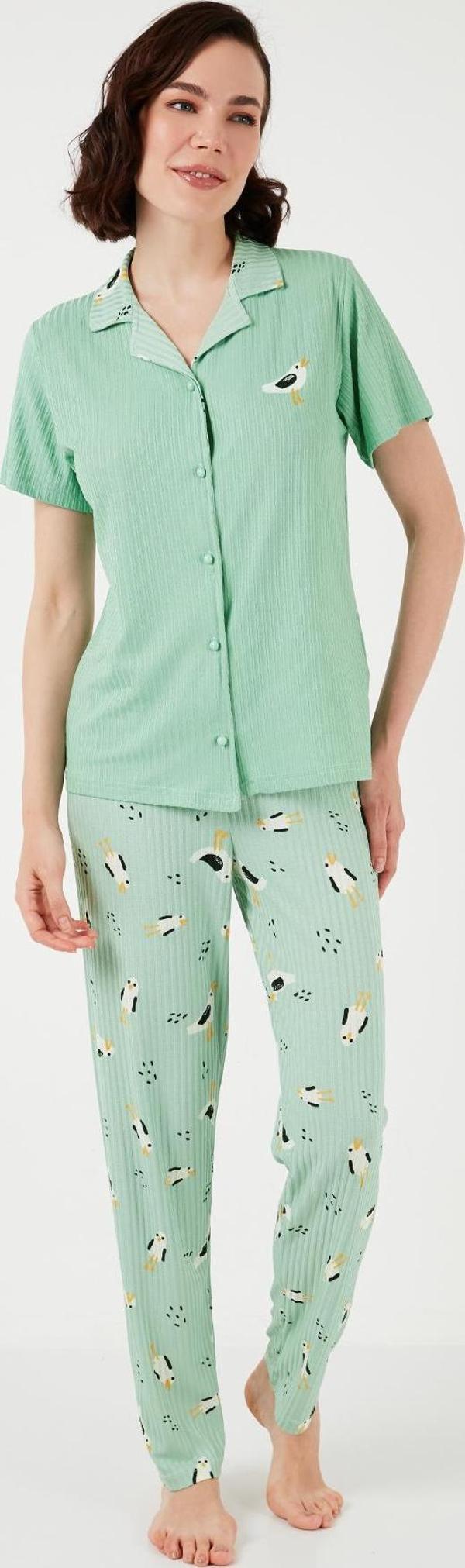 Lela Regular Fit Gömlek Yaka Kısa Kollu Bayan Pijama Takımı 65740102 MİNT - Image 1