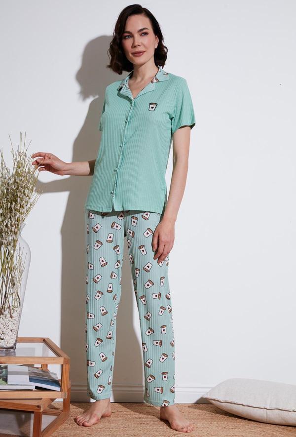 Lela Regular Fit Gömlek Yaka Kısa Kollu Bayan Pijama Takımı 65740102 Mint-Bej - Image 1