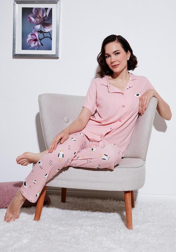 Lela Regular Fit Gömlek Yaka Kısa Kollu Bayan Pijama Takımı 65740102 PEMBE - Image 1