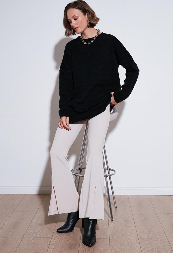 Lela Modest Bisiklet Yaka Çizgili Triko Bayan Kazak 4616161 SİYAH - Image 1