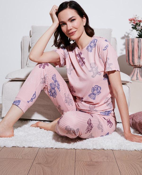 Lela Regular Fit Kısa Kollu Bayan Pijama Takımı 65740104 PEMBE - Image 1