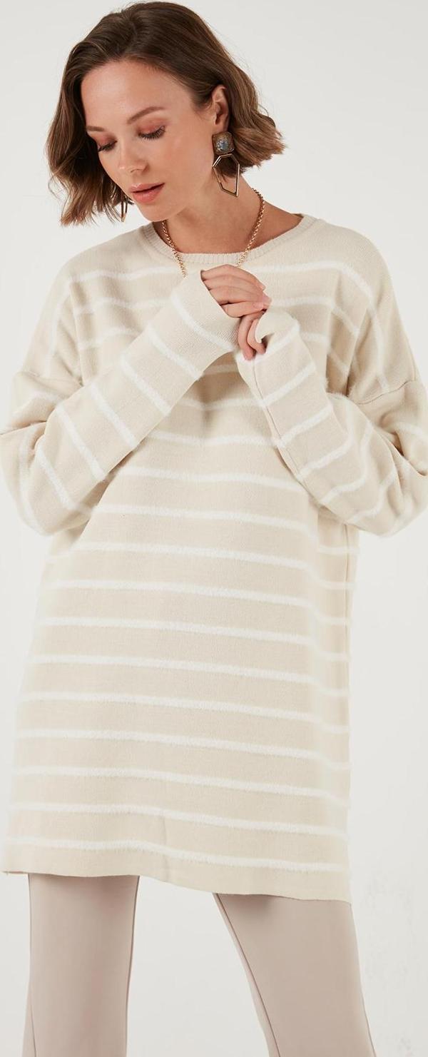 Lela Modest Bisiklet Yaka Çizgili Triko Bayan Kazak 4616161 KREM - Image 1