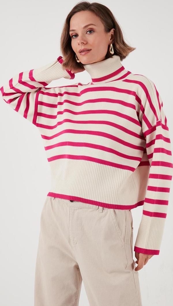 Lela Akrilik Çizgili Boğazlı Yaka Triko Bayan Kazak 4616166 Fuşya-Krem - Image 1