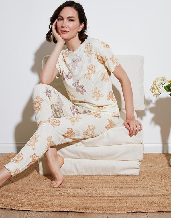 Lela Regular Fit Kısa Kollu Bayan Pijama Takımı 65740104 BEJ - Image 1