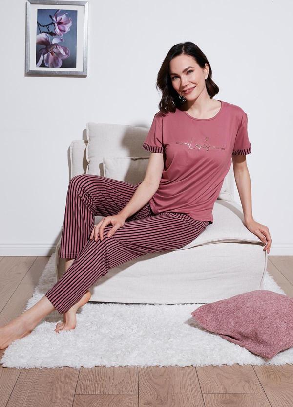 Lela Yumuşak Dokulu Bisiklet Yaka Bayan Pijama Takımı 6097605 PUDRA-SİYAH - Image 1