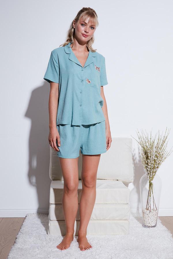 Lela Gömlek Yaka Beli Lastikli Kısa Kollu Şortlu Bayan Pijama Takımı 611PT00123 MİNT - Image 1