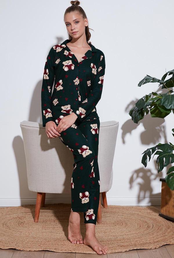 Lela Streç Standart Fit Desenli Bayan Pijama Takımı 60956602 YEŞİL - Image 1