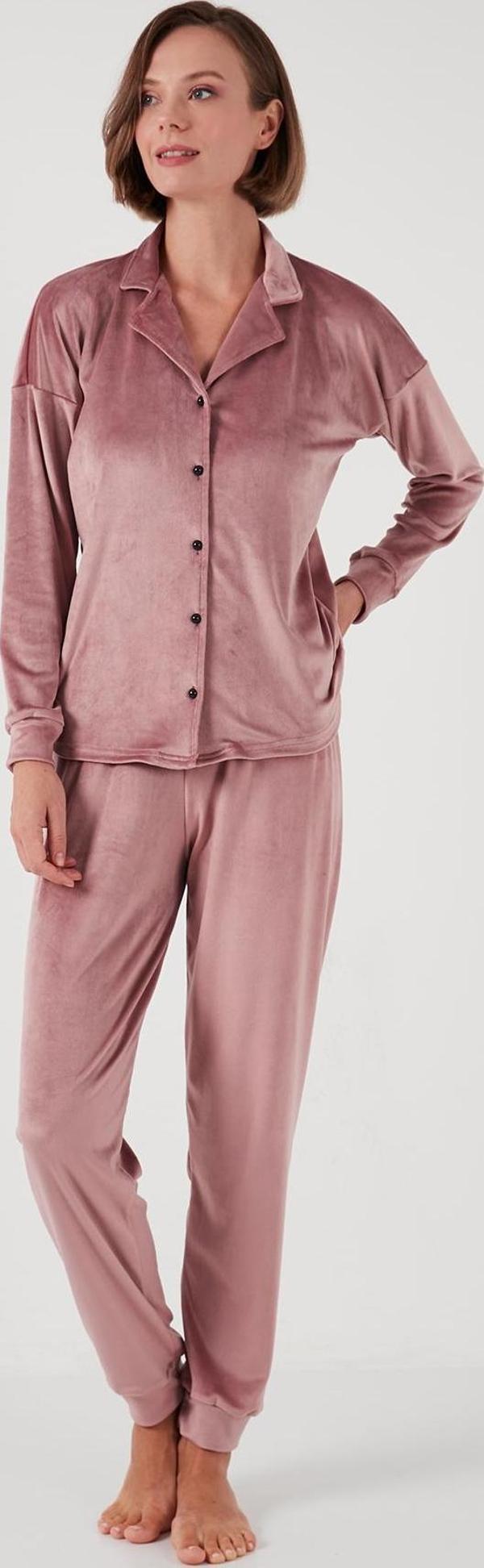 Lela Regular Fit Parlak Kadife Ribanalı Bayan Pijama Takımı 6097110 PUDRA - Image 1