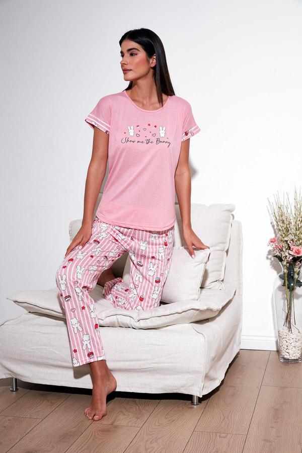Lela Regular Fit Bisiklet Yaka Kısa Kollu Pijama Takım Bayan Pijama Takımı 6097310 PUDRA - Image 1