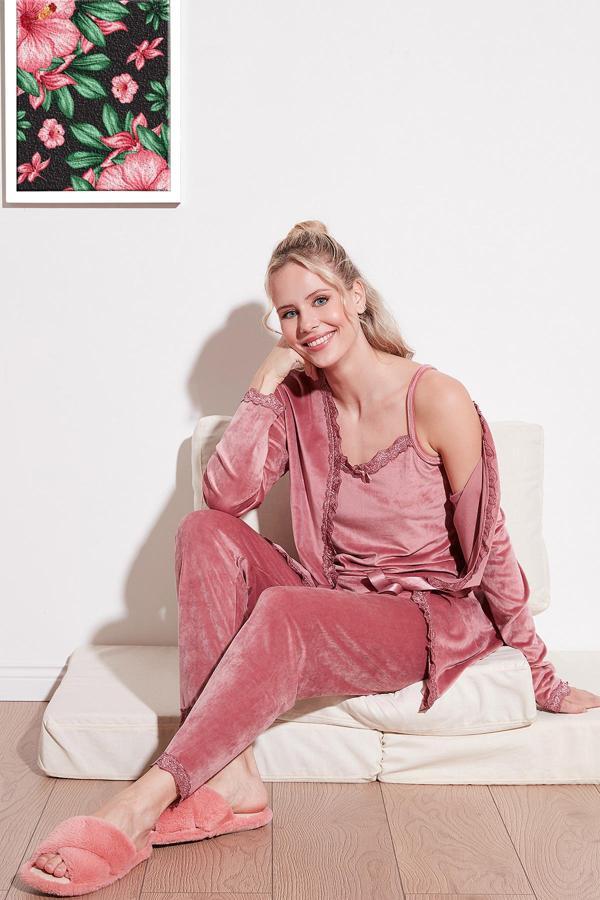 Lela Regular Fit Dantelli Yumuşak Dokulu Sabahlıklı Kadife Bayan Pijama Takımı 6095545 PUDRA - Image 1