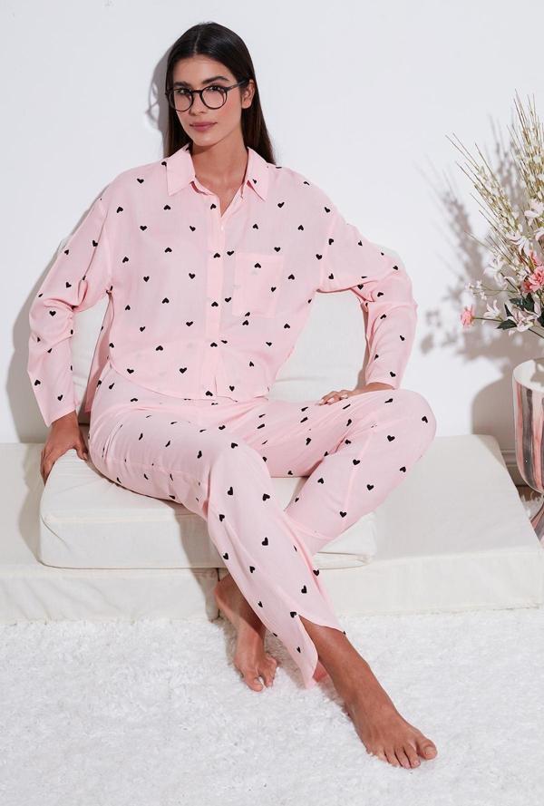 Lela Desenli Rahat Kesim Bol Paça Yazlık Bayan Pijama Takımı 6110014 TOZ PEMBE - Image 1