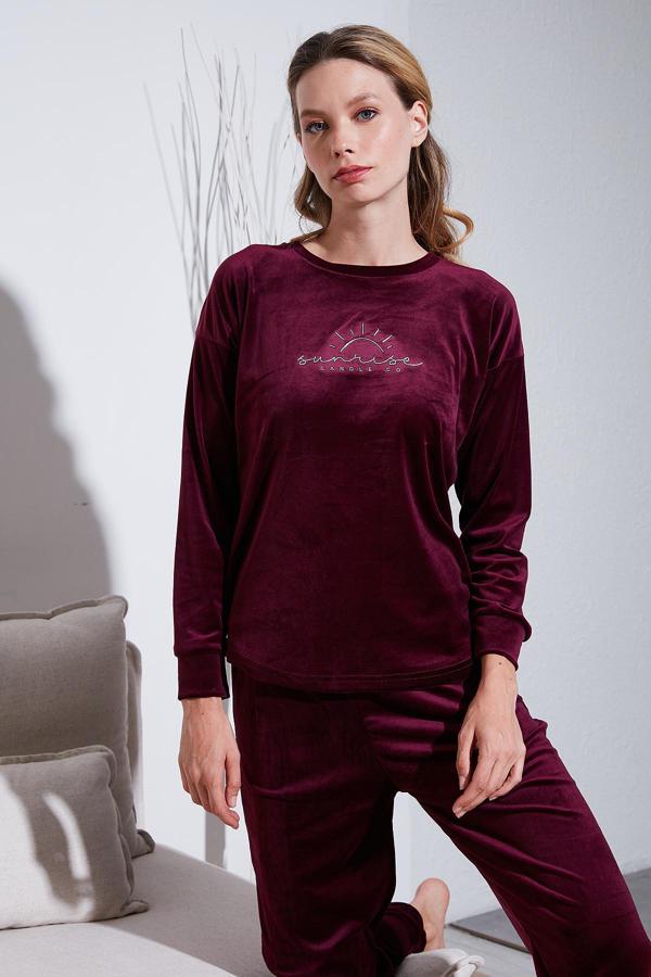 Lela Standart Fit Bisiklet Yaka Yumuşak Kadife Bayan Pijama Takımı 6094201 MOR - Image 1