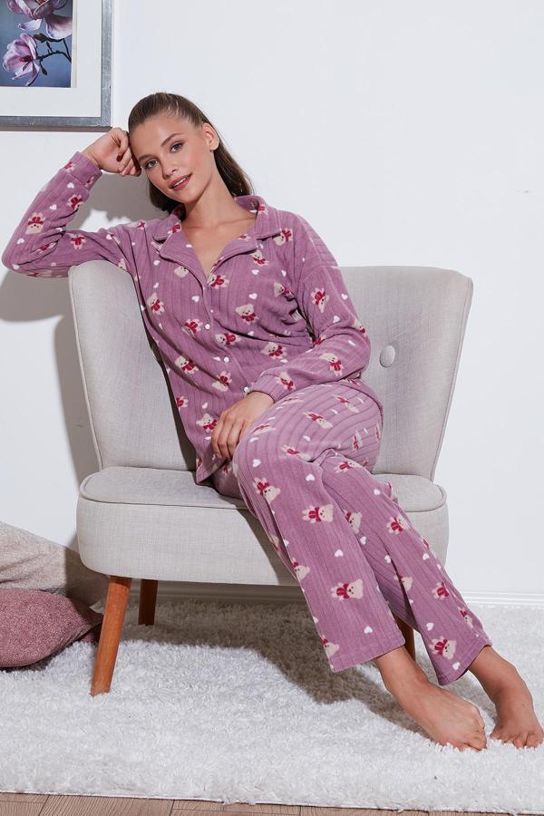 Lela Standart Fit Düğmeli Polarlı Bayan Pijama Takımı 6095615 LİLA - Image 1