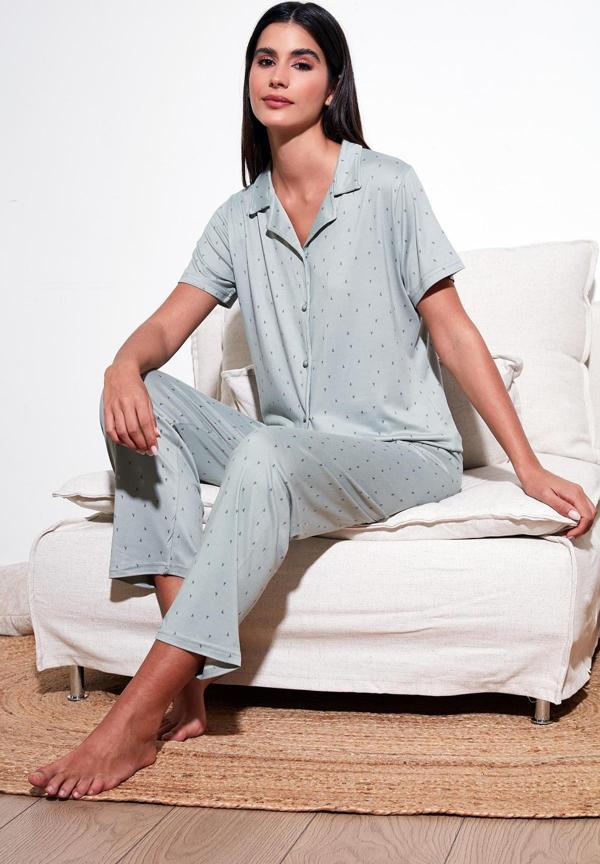 Lela Desenli Regular Fit Gömlek Yaka Bayan Pijama Takımı 65750101 MİNT - Image 1