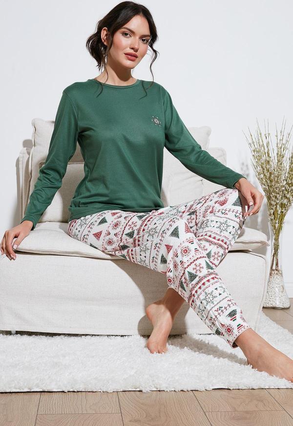 Lela Streç Regular Fit Beli Lastikli Bisiklet Yaka Bayan Pijama Takımı 65714101 YEŞİL - Image 1