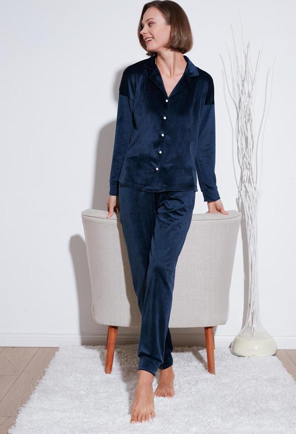 Lela Regular Fit Parlak Kadife Ribanalı Bayan Pijama Takımı 6097110 LACİVERT - Image 1