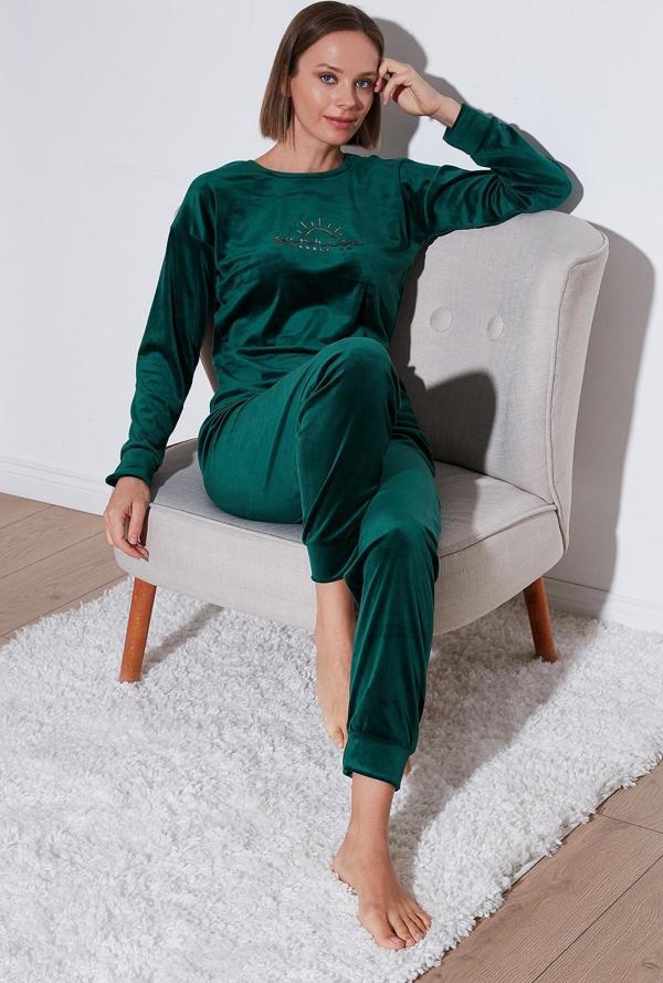 Lela Standart Fit Bisiklet Yaka Yumuşak Kadife Bayan Pijama Takımı 6094201 NEFTİ - Image 1