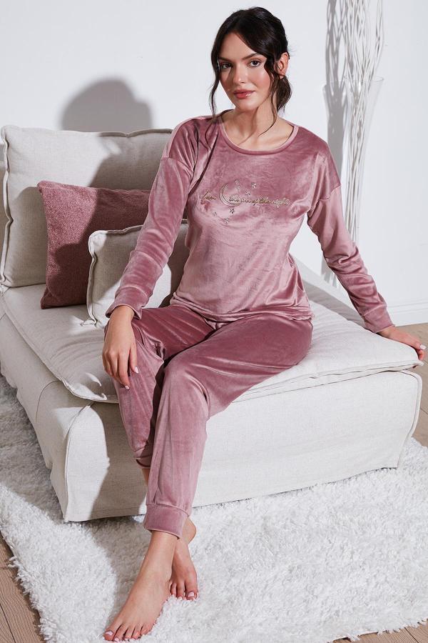 Lela Regular Fit Yumuşak Dokulu Kadife Bayan Pijama Takımı 6094200W4 PUDRA - Image 1