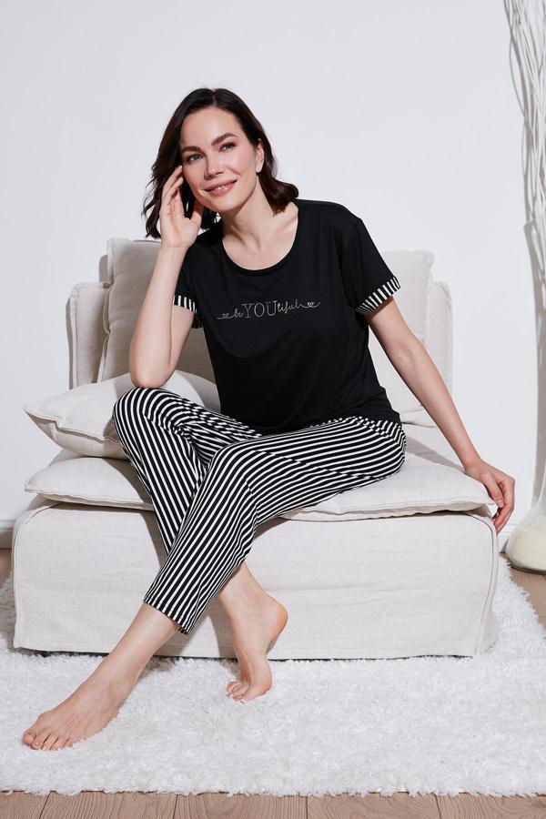 Lela Yumuşak Dokulu Bisiklet Yaka Bayan Pijama Takımı 6097605 SİYAH-BEYAZ - Image 1