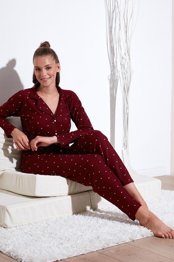 Lela Streç Standart Fit Düğmeli Bayan Pijama Takımı 60956601 BORDO - Image 1