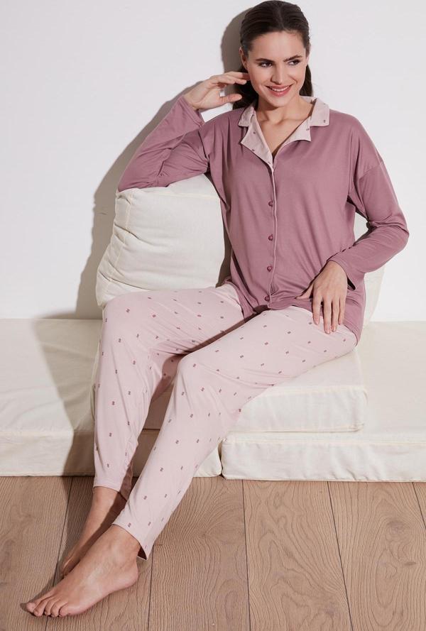 Lela Desenli Beli Lastikli Uzun Kollu Gömlek Yaka Dokuma Pijama Takım Bayan Pijama Takımı 6097520 PUDRA - Image 1