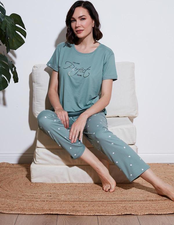 Lela Yumuşak Dokulu Bisiklet Yaka Bayan Pijama Takımı 6097605 YEŞİL - Image 1